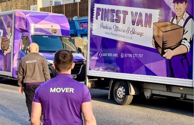 Finest Van removals team walking towards van on moving day in London