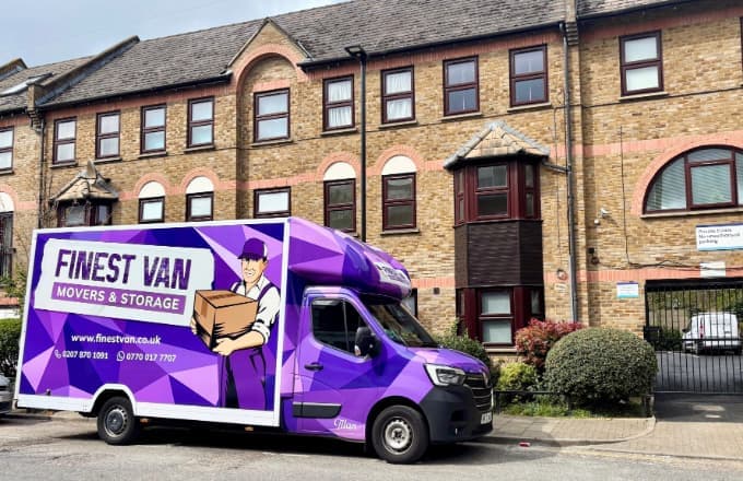 Branded Finest Van parked outside London flats for a house conversion project